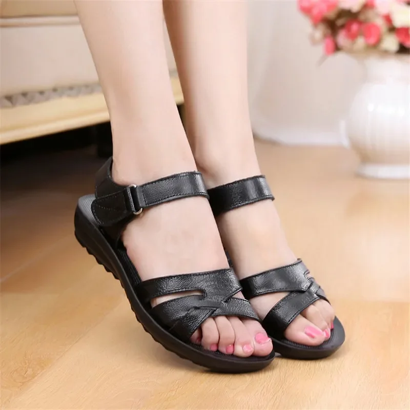 BEYARNE Summer Women Genuine Leather Sandals Vintage Ladies Flat Sandials Ankle Strap Fashion Casual PlatformsSoft ShoesE158