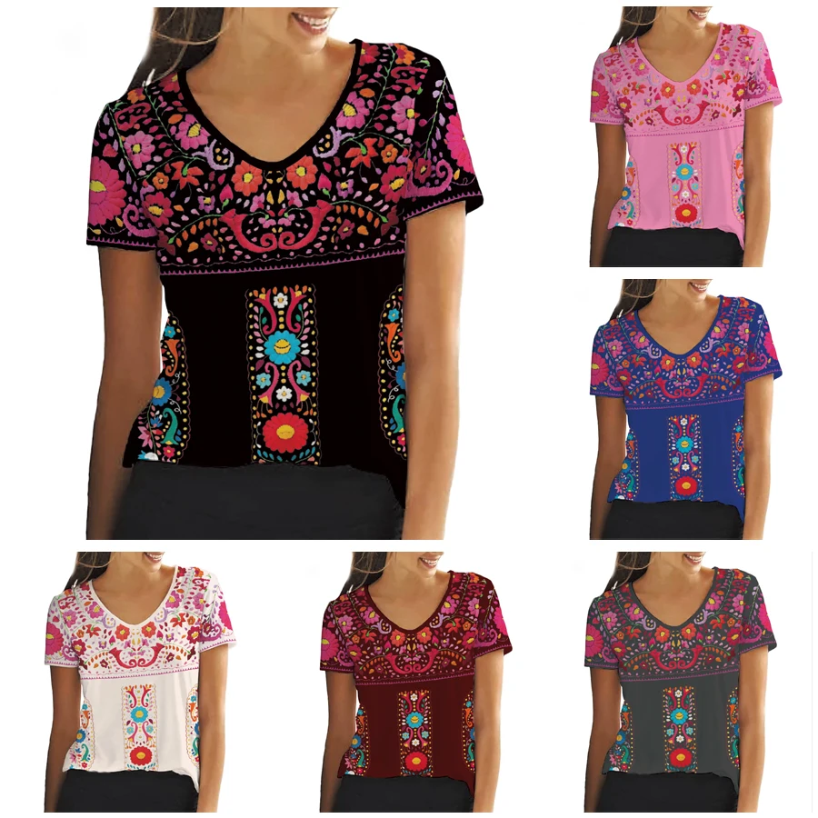 Hippie-Boho Style Short Sleeve V-neck Women Top 3D Printed Colorful Mexican Flowers T-Shirt Floral Shirt Mexican Basic Tee