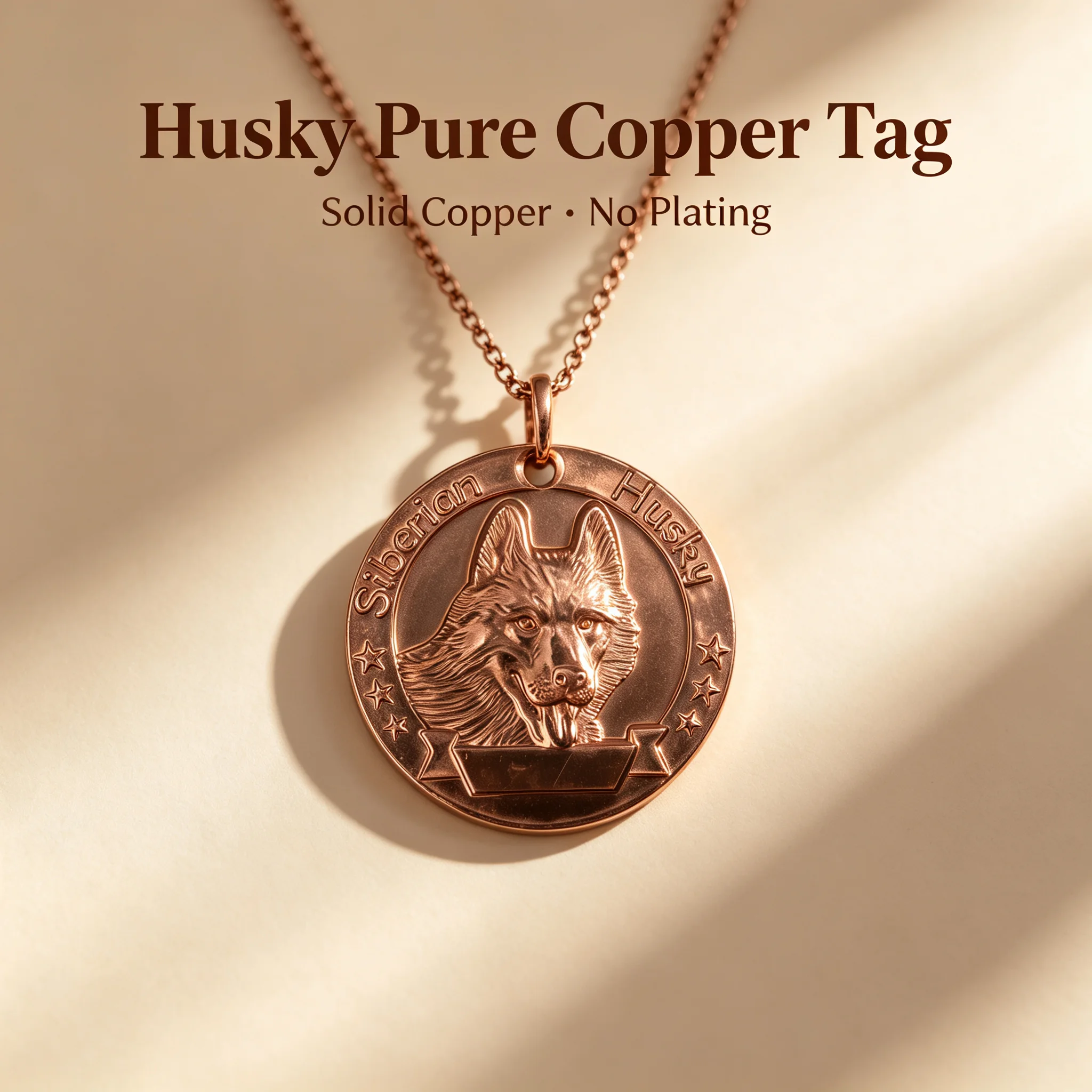 Handcrafted Pure Copper Siberian Husky Dog Tag PetOwner Matching Keepsake 3D Relief Pendant, MemorialBonKeepsakeforHuskyLovers
