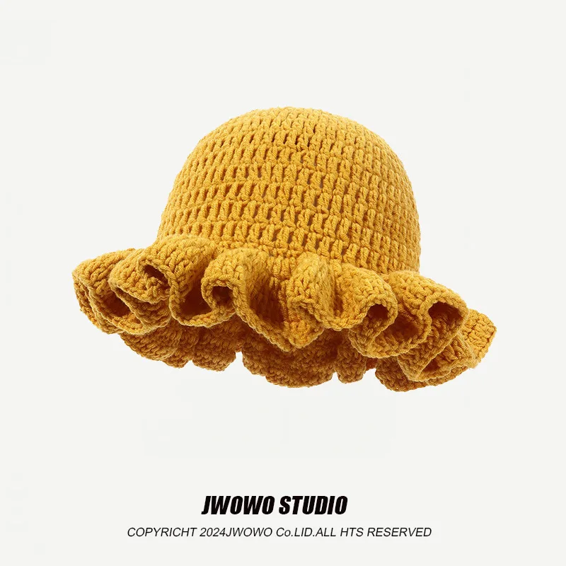 New Handcrocheted Solid Color Bucket Hat Women's Autumn and Winter Pleated Ruffle Leaf Edge Versatile Simple Knitted Beanie Cap