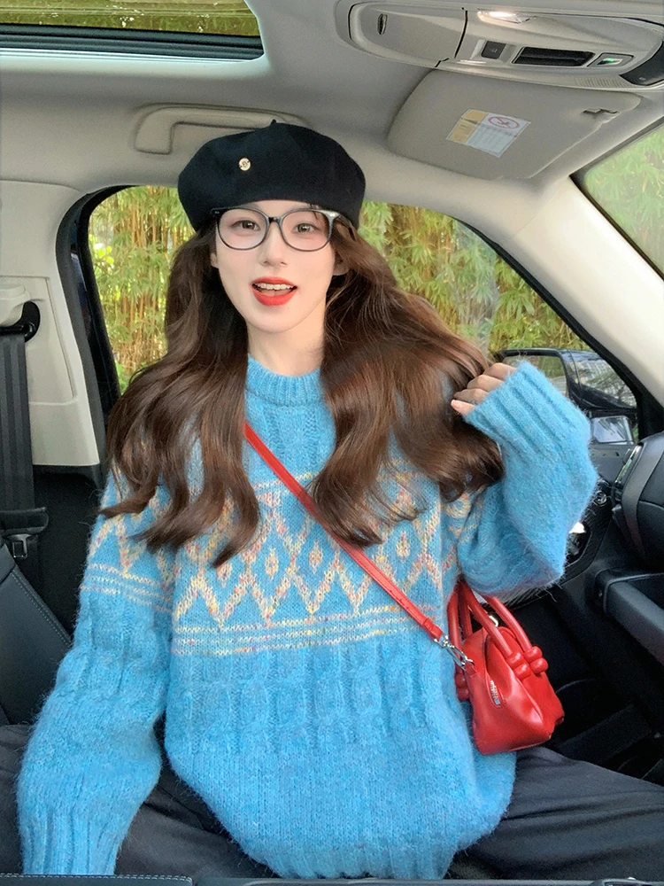 ヴィンテージブルーケーブルニットセーター女性韓国秋冬肥厚モヘアアーガイルプルオーバークルーネックコントラストジャカードニットトップ
