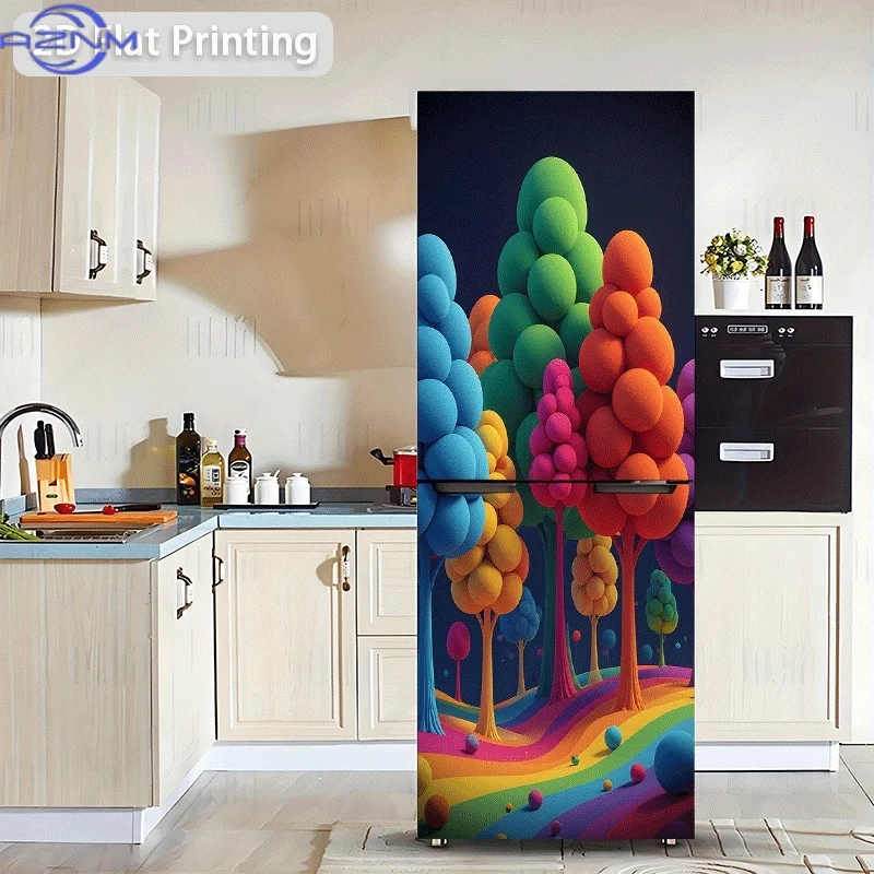 1pc 2D Pattern Printed Refrigerator Stickers Colorful Bubble Tree Paradise Wall Decals Self-Adhesive Wallpaper Suitable for Ca