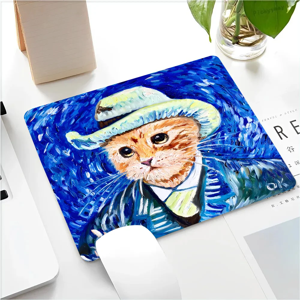 Alfombrilla de ratón de gato Van Gogh, alfombrilla de ratón pequeña para jugadores, almohadilla de escritorio de ordenador, Rectangular, antideslizante, goma