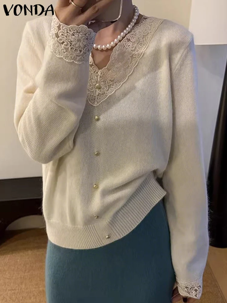 

VONDA 2025 г., модные женские вязаные пуловеры, свитера с длинными рукавами, кружевные лоскутные джемперы, осенние элегантные офисные женские трикотажные топы