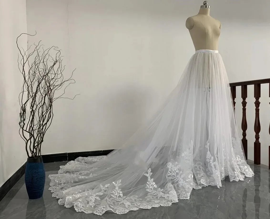 Wedding Two Tier White Ivory Sequin Lace Trailing Petticoat, Bridal Wedding Dress Detachable Slide Trailing Skirt custom size