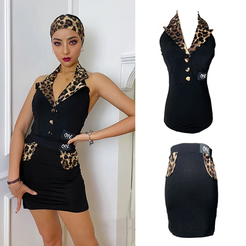 

Latin Dance Dress For Women Sexy Halter Tops Leopard Pocket Skirt Rumba Dancewear Samba ChaCha Competition Costume YS3855