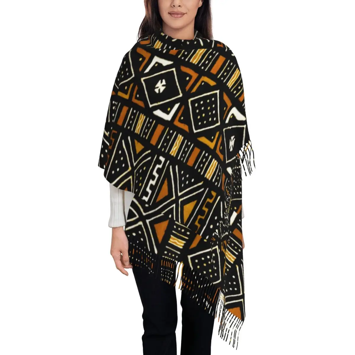 

Female Large African Bogolan Scarves Women Winter Thick Warm Tassel Shawl Wrap Africa Ethnic Tribal Art Scarf
