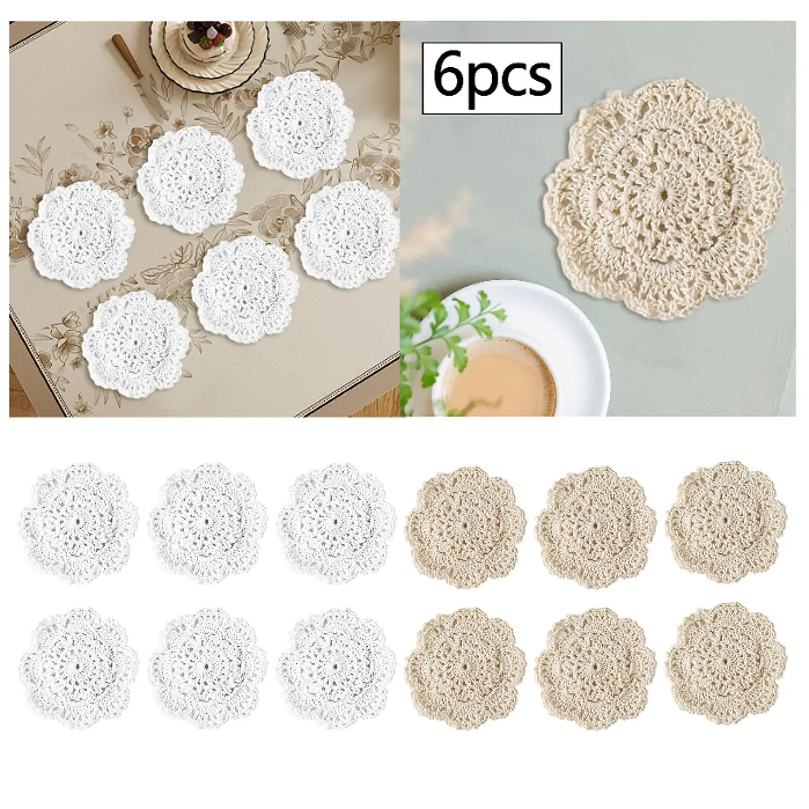 

6x Hand Crochet Cotton Placemat Round Washable Table Mats Cotton Crocheted Coasters for Kitchen Home Birthday Restaurant Balcony