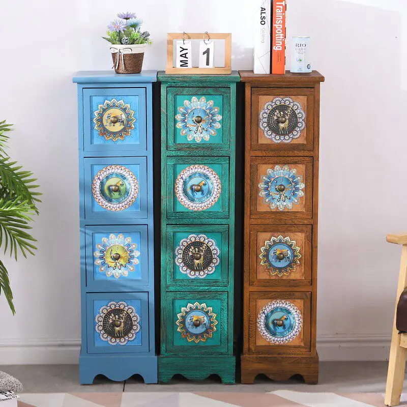 American Vintage Chest of Drawers Painted Nightstand Storage Cabinet Thickened Non Slip Foot Pads for Bedroom Living Room