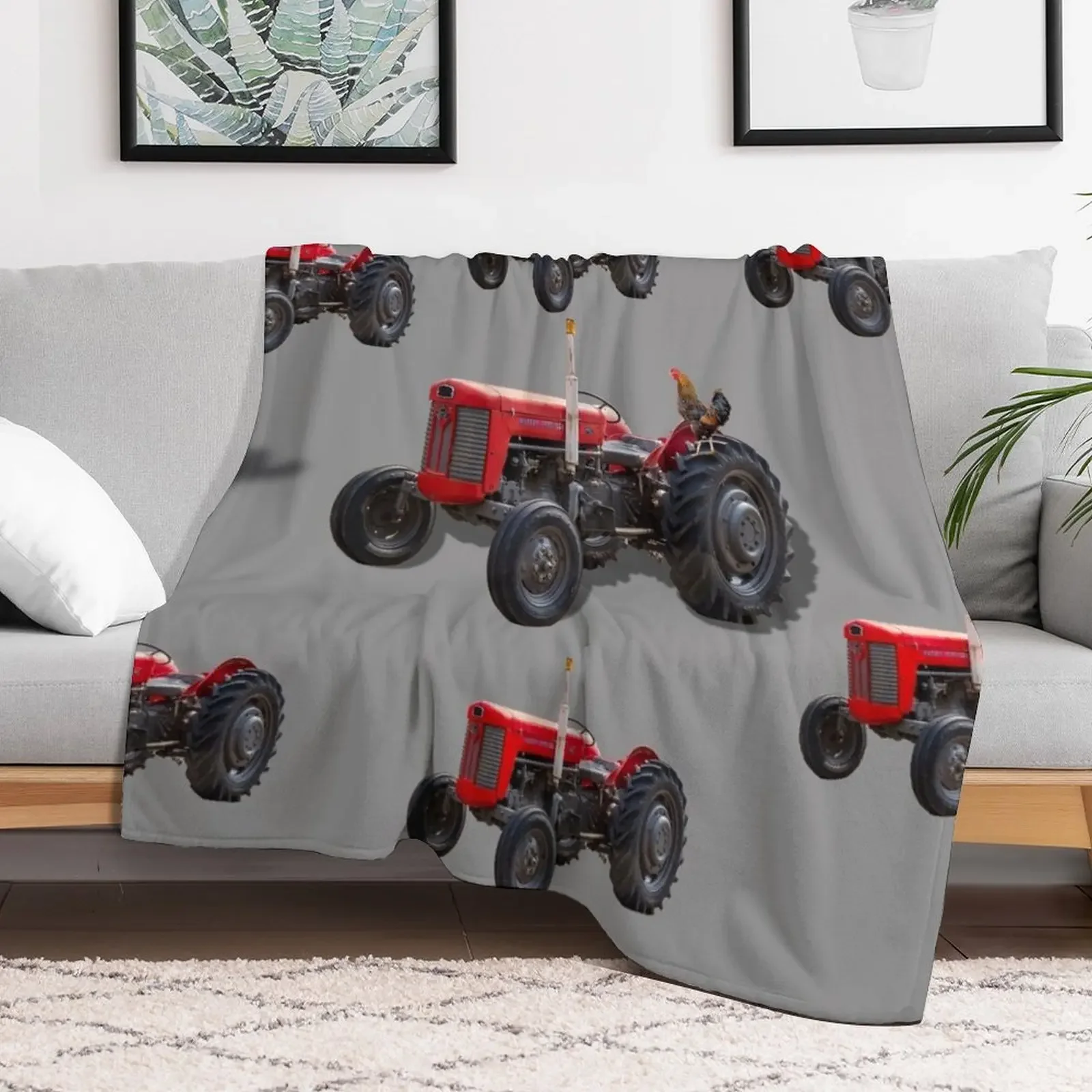 Red tractor MF 65 and Charlie the chicken Throw Blanket