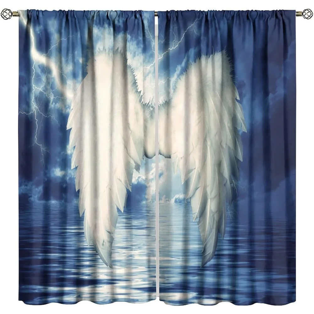 2 Panels Angel Wings Blackout Curtains with White Feather & Blue Thunderstorm Design - Navy Blue & White Window Drapes, 100% Pol