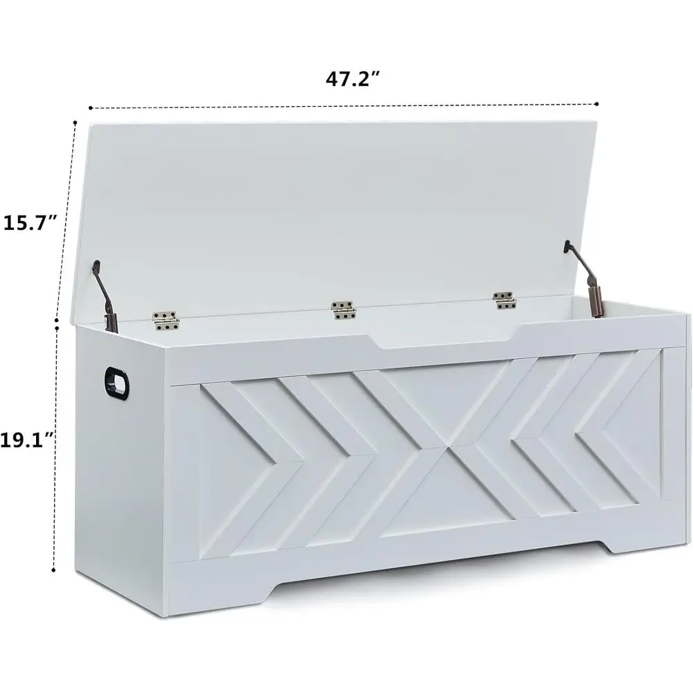 مقعد تخزين خشبي كبير مع مفصلات أمان، مثالي للمدخل وغرفة النوم وغرفة المعيشة، باللون الأبيض