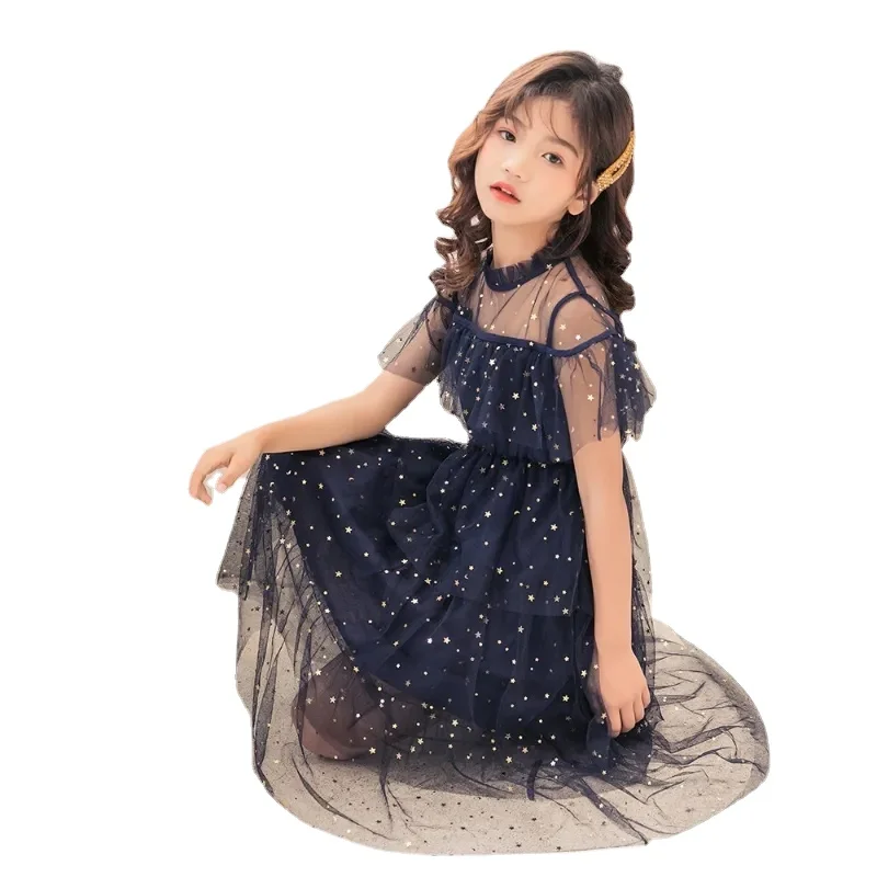 Temperament Girls Tulle Cake Dress Star Moon Sequins Gauze Princess Dress Dark Blue Fairy Birthday Party Dresses