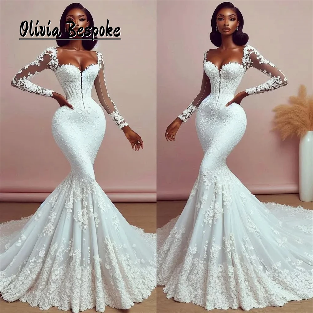 

Unique Long Sleeves Luxury Wedding Dresses 2025 Lace Applique Mermaid African Brides Reception Gowns robe de mariée Customized