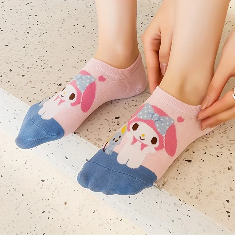 Kawaii Sanurgente Kuromi Melody of Teenager Cartoon No-show Chaussettes, Chaussettes douces et confortables pour toutes les saisons, 5 paires