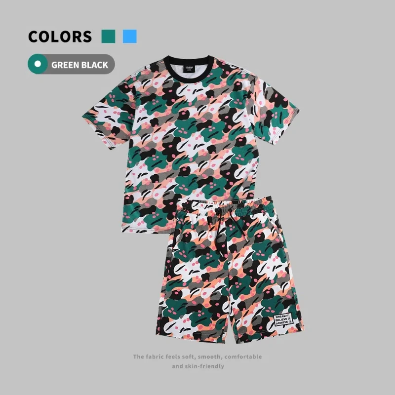 Summer high-end Women's Clothing Fashion Casual Pure Cotton Camouflage Short Sets Round Neck Drawstring Pockets Two Piece Set