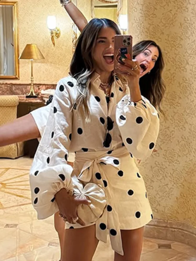 

Casual Polka Dot Printing Lace-up Mini Skirt Set Women Puff Sleeves Lapel Single Breasted Shirt Skirt Set Vacation Lady Outfit