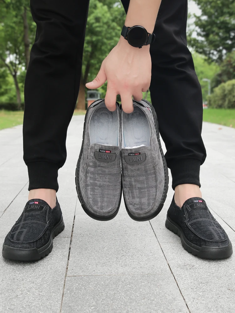 北京メンズキャンバスシューズ-スリッポン-ワークシューズ-ソフトボトム-滑り止め-通気性-カジュアルシューズ-ラウンドトゥ-フラットヒール-無地