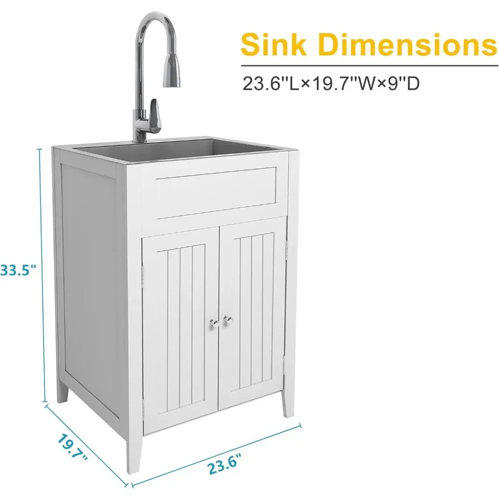 24-Inch Laundry Sink with Cabinet and Pull-Out Sprayer Faucet Stainless Steel Utility Sink with Cabinet, Cabinet with Sink