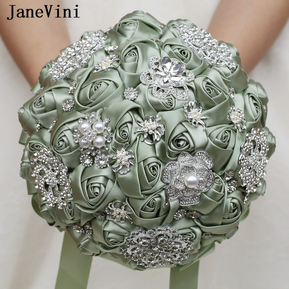 JaneVini Luxury Silver Crystal Sage Green Wedding Bouquets Rhinestone Artificial Satin Bride Flower Bridal Beaded Fleurs Mariage