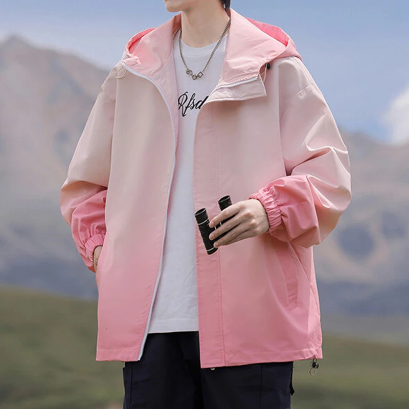Casual Men's Gradient Hooded Outdoor Jackets 2026 Spring Autumn Thin Windbreaker Youth Streetwear Loose Coats Boy Tops Clothing