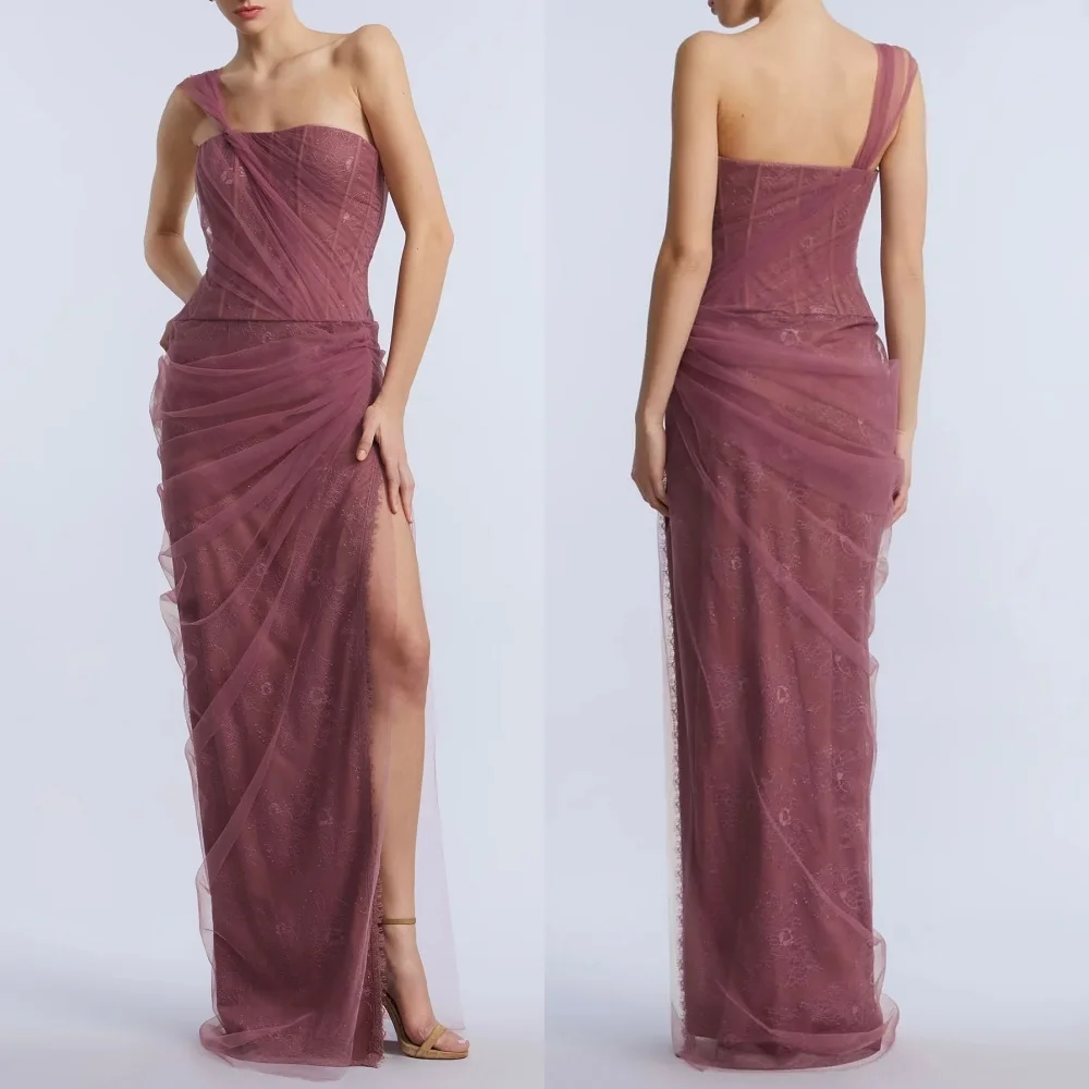 

Customized Lace Pleat One-shoulder Midi Dresses Bespoke Occasion High Quality Evening DressCharming Party Gown Sexy