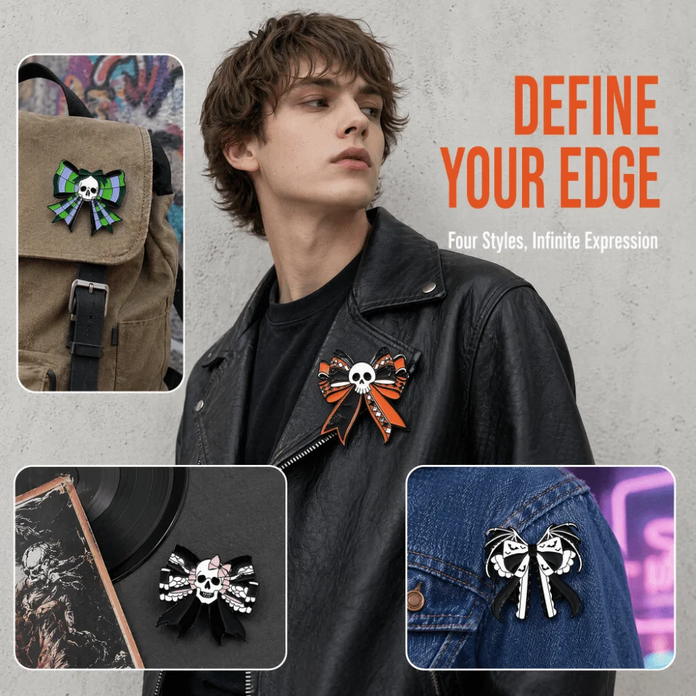 Punk Dark Ribbon Bow Skull Brooch Plaid Design Cute Cartoon Bow Brooch Oil Drop Texture Alloy Enamel Pin Backpack Decoration