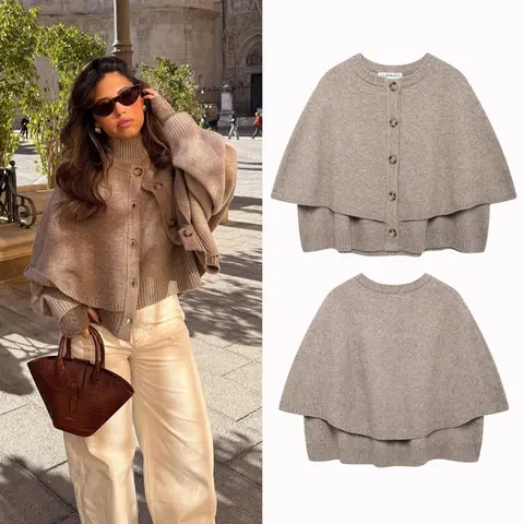 Donna Autunno Maglione Mantello O-Collo Solido Scialle lavorato a maglia Giacca Donna Chic Mantello Cappotti per il tempo libero Chic Top capa mujer invierno