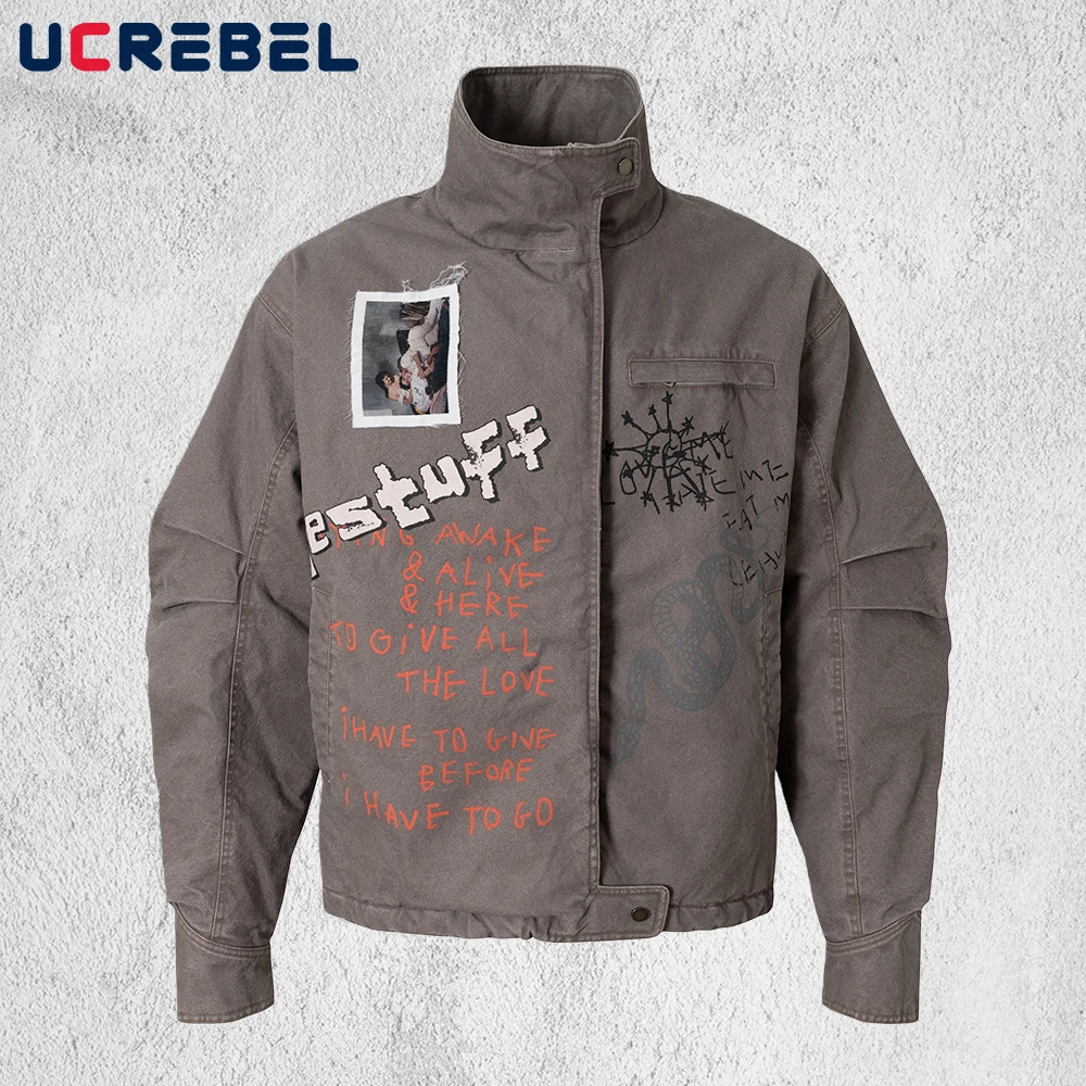 

Patch Graffiti Print Quilted Jacket Mens Retro Distressed Winter High Street Stand Collar Long Sleeve Thick Outerwear Man