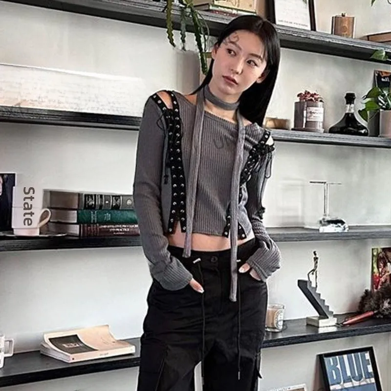 

Sweet Cool ey Hot Girl Design oulder Bared Long Sve ort Top Women Street Sle Spring Faion Slim Fit T-irt