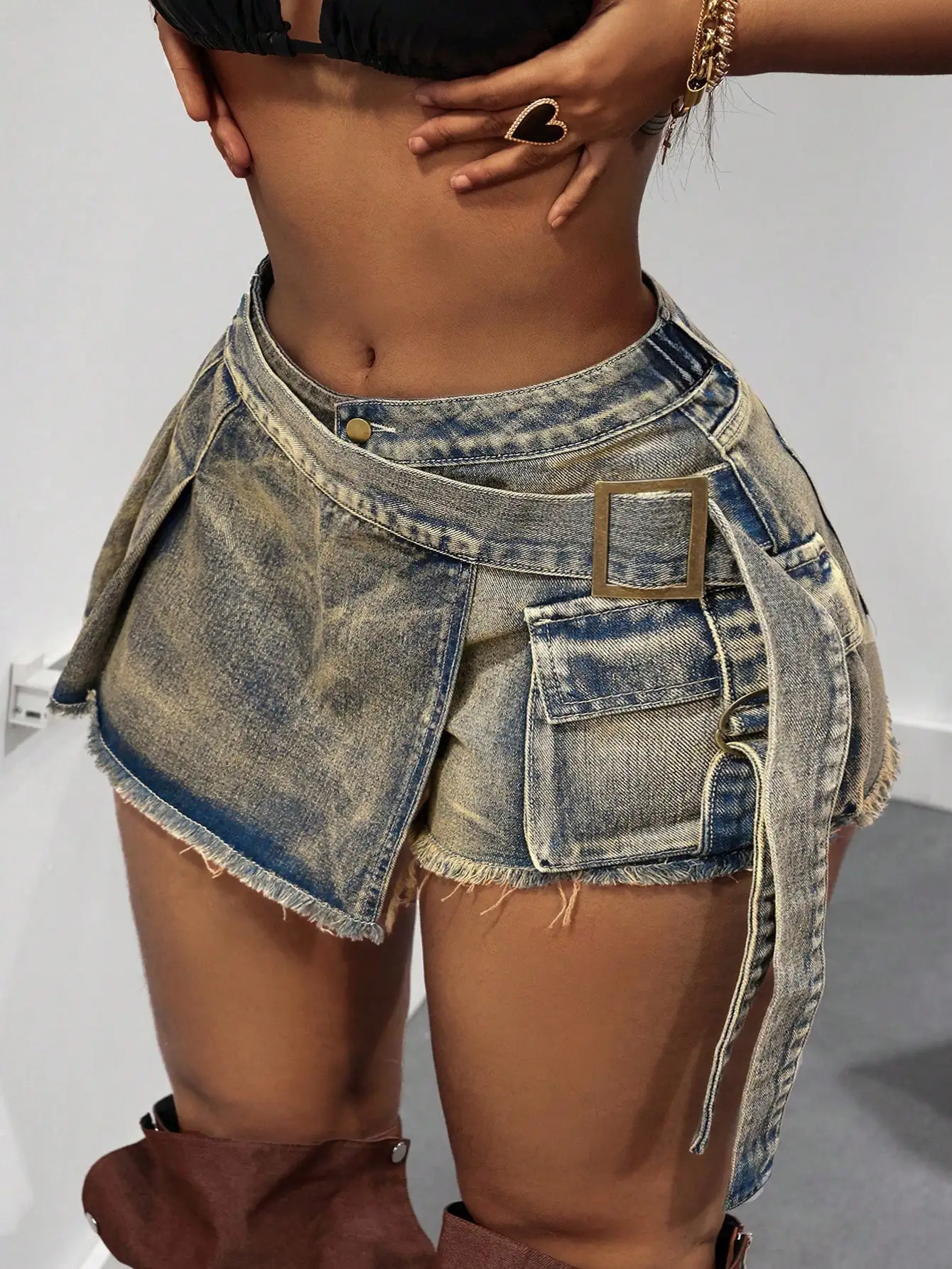 Women's Denim Cargo Skorts With Pleated Front And Sash Belt