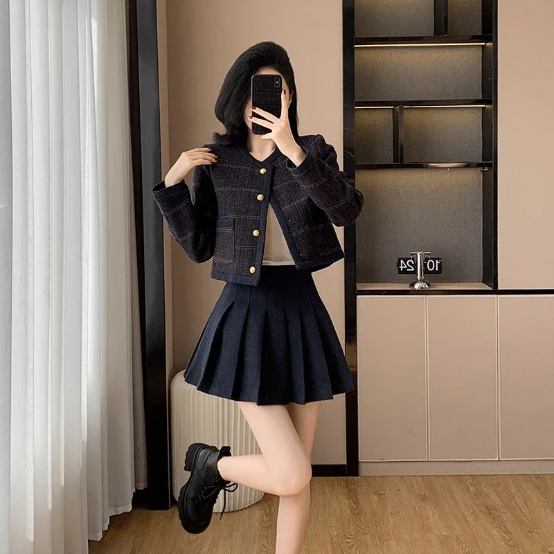 UNXX Real Shot Classic Suit Dress Petite 2024 Lady Elegant Socialite Jacket Pleated Skirt Short Skirt Two-piece Set High Quality