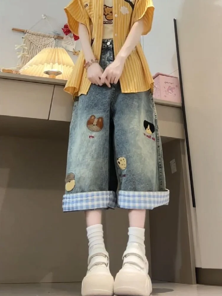 American Style Cartoon Embroidery Cuffed Plaid Denim Shorts Women Summer New High Waist Slimming Casual Wide Leg Seven Pants