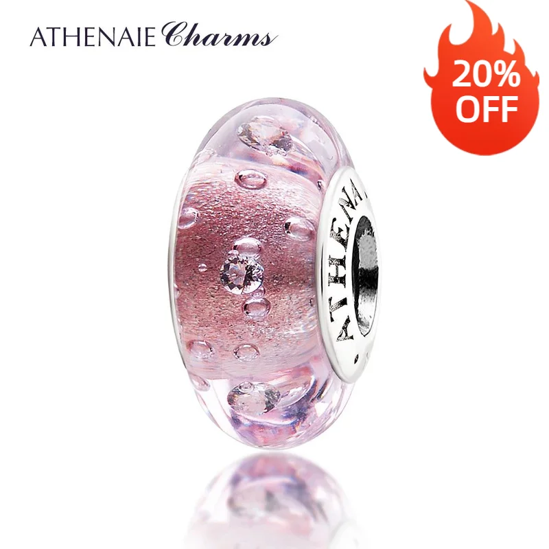 

ATHENAIE Genuine 925 Silver Core Murano Glass Beads Effervescence Clear CZ Charm Bead Fit European Women Bracelet Color Pink