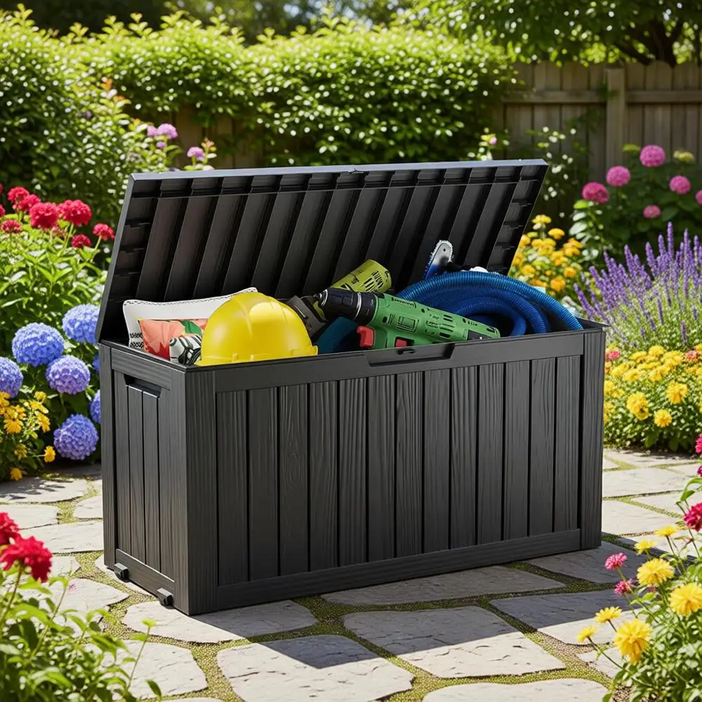 

Ящик для хранения на открытом воздухе на 75 галлонов с замком - Водонепроницаемый садовый ящик из полимерного композита для подушек для мебели и садовых инструментов - Изящный черный