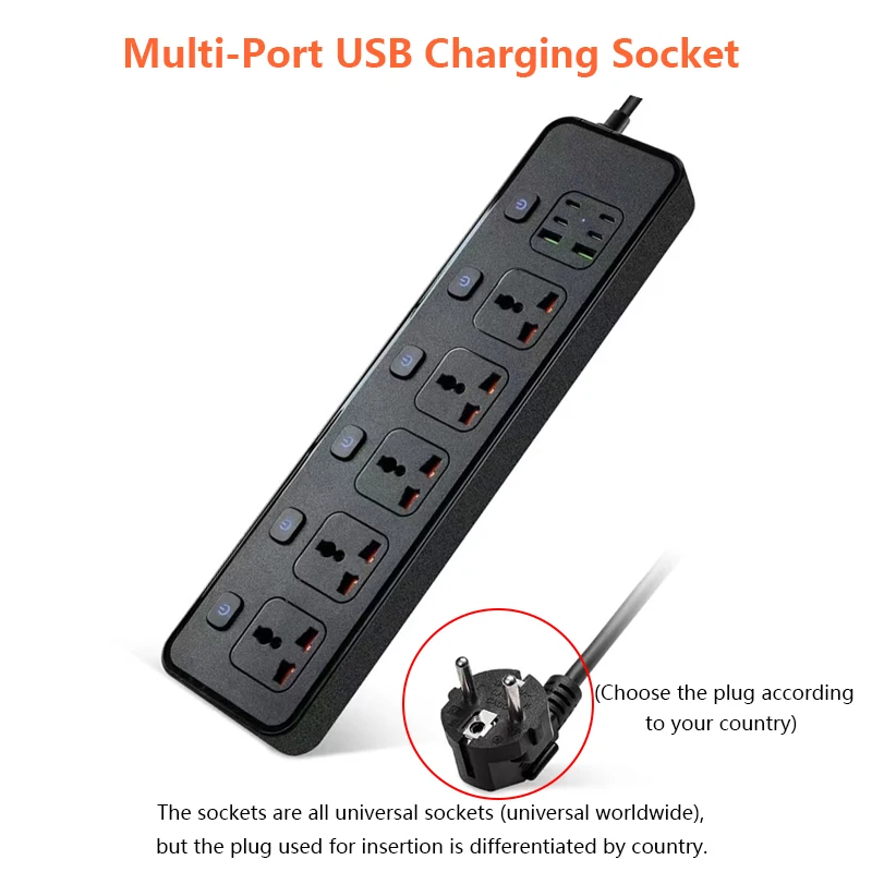 

Universal Power Strip Socket Multi-Port USB Charging Socket with Independent Switch 5 * AC Outlets + 4 * USB-A + 2 * USB-C