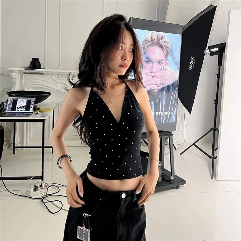 Polka Dot Print Halter Neck Tank Top Women's V-Neck Lace-Up Backle Short Length Inner Wear Summer Fashion Casual Vest