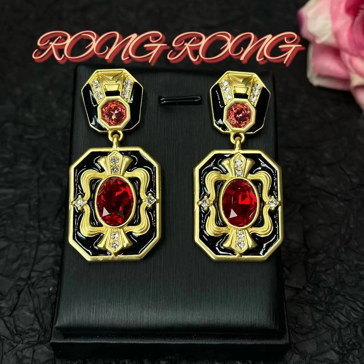 Medieval Vintage French Retro Palace Style Ruby Drip Glaze Earrings Western High-end Luxury Earrings