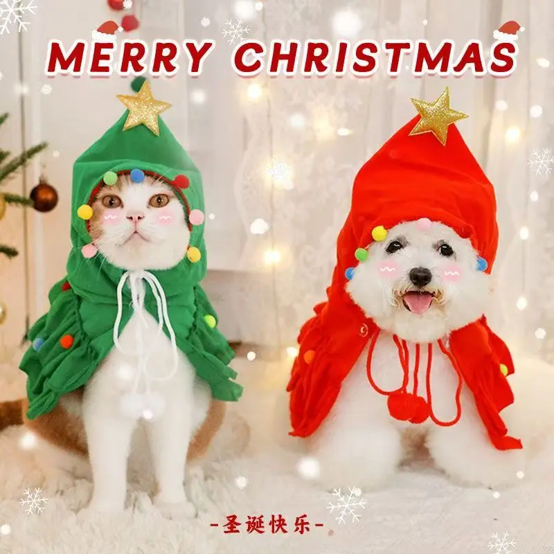 Vestito natalizio per gatti Mantello verde per animali domestici con cappello Pompon a stella Mantello per cuccioli Vestiti Albero Elfo Costumi Forniture per animali domestici per feste Accessori
