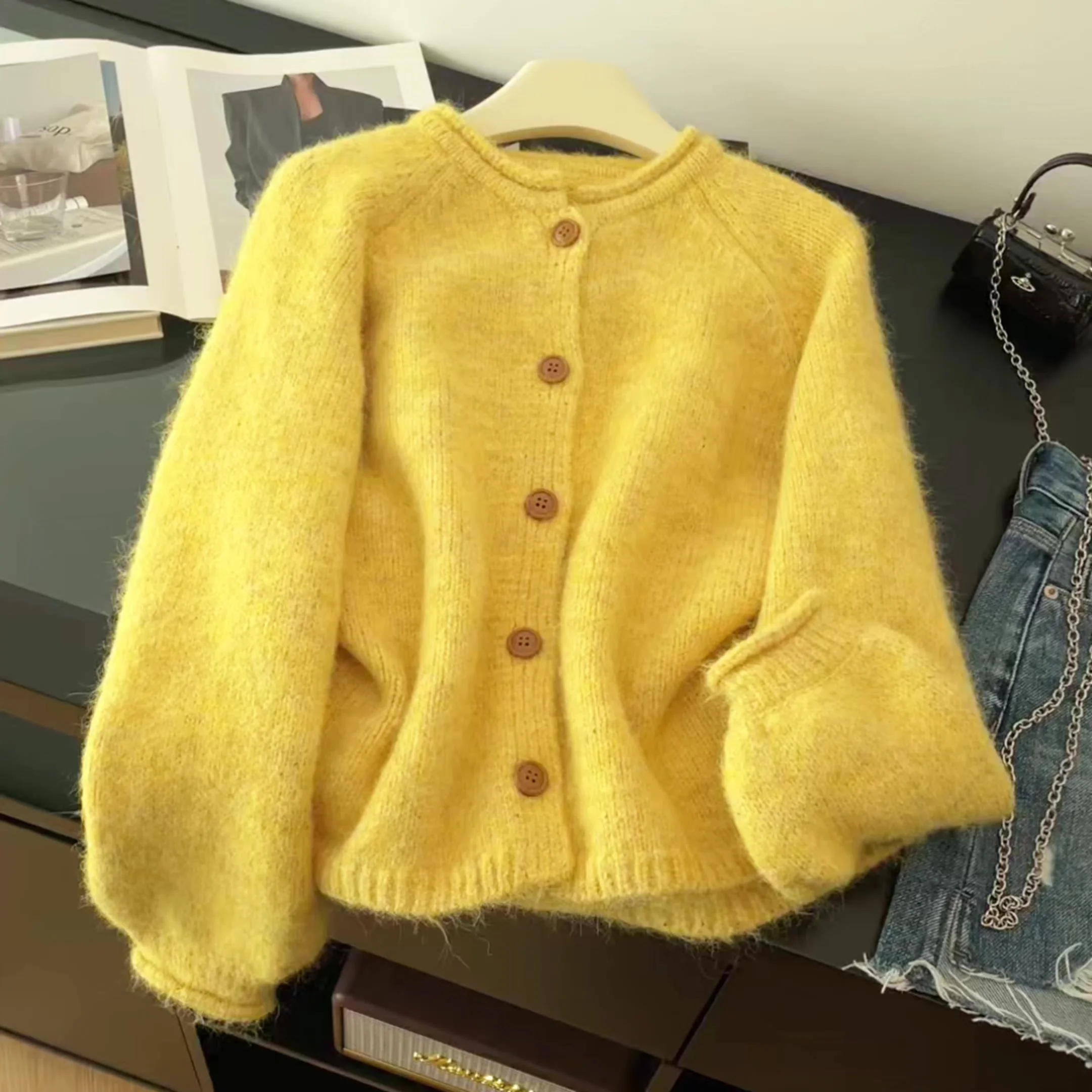 

Women Yellow Cozy Knit Cardigan Sweater Vintage Long Sleeves Cashmere Sweater Jacket Spring Autumn For Women 2000s Clothes 2025