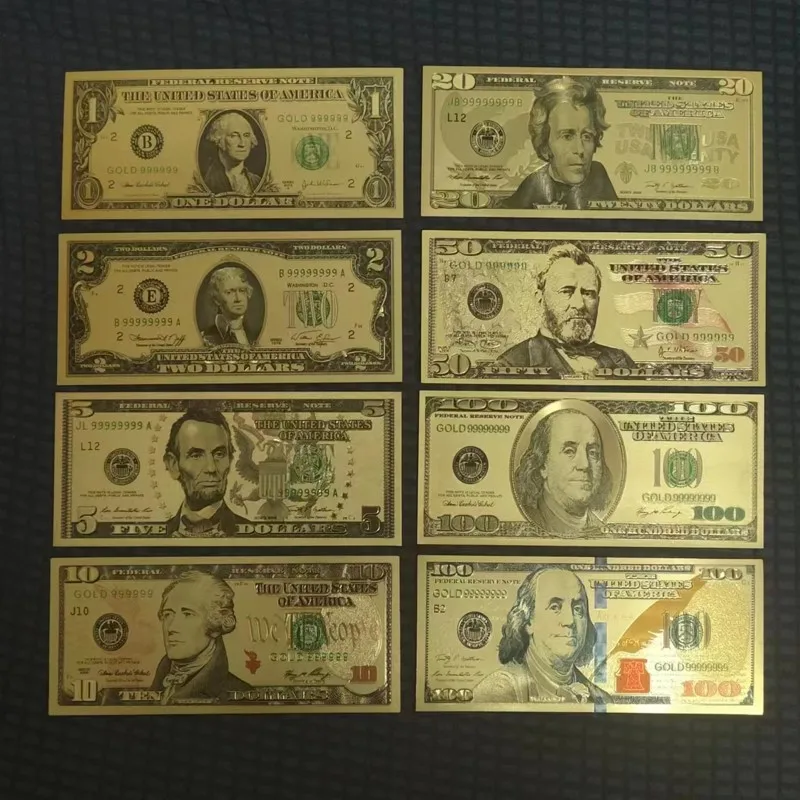 

8pcs US Dollars Bills Gold Banknotes 100 Dollars Bills Gold Foil UNC Notes PET Material Craft Collection