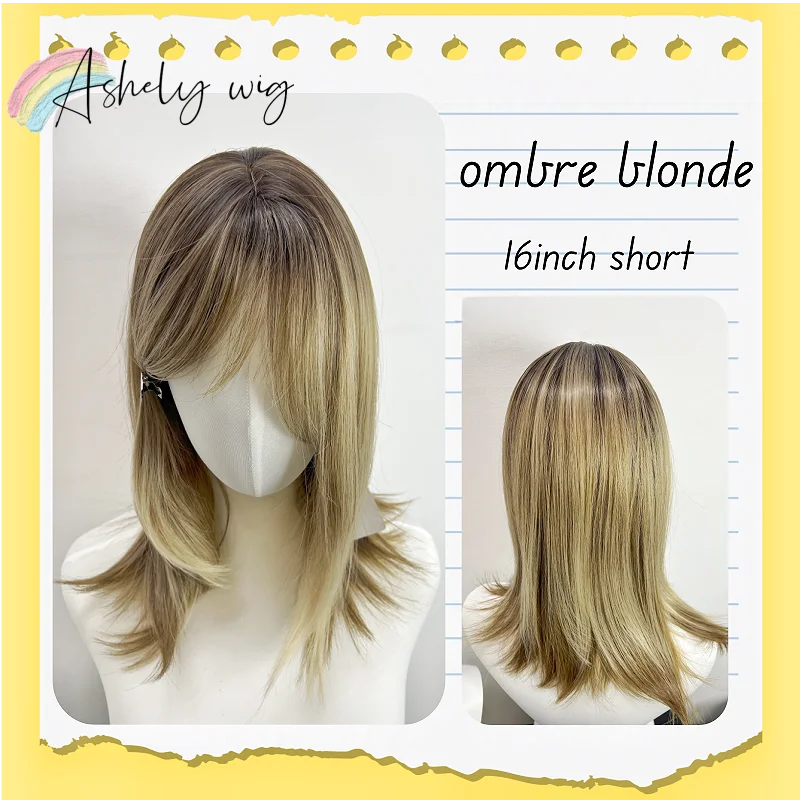 

Ombre Blonde Wigs for Women 16inch Short Straight Wig Cute Synthetic Wigs with Curtain Bangs Headband Wigs for Lolita Cosplay