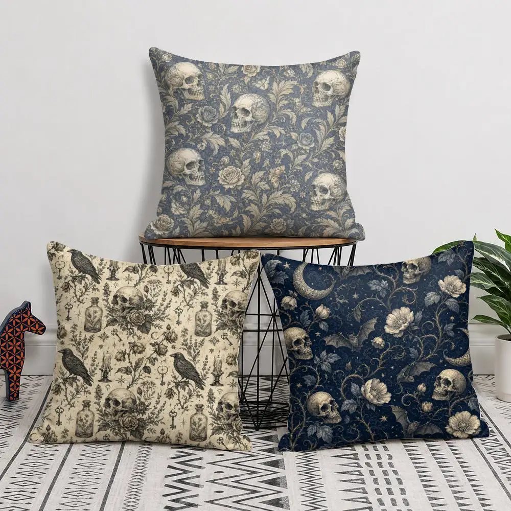 Floral Gothic Skull Cushion Cover Soft Short Plush Pillow Cover Smooth Cozy Texture Cushion Case Home Decor