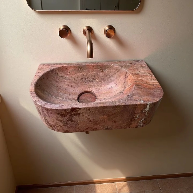 

Custom Mini Size Wall Mounted Stone Bathroom Sink Red Travertine Washbasin Rectangle Natural Stone Washbasin