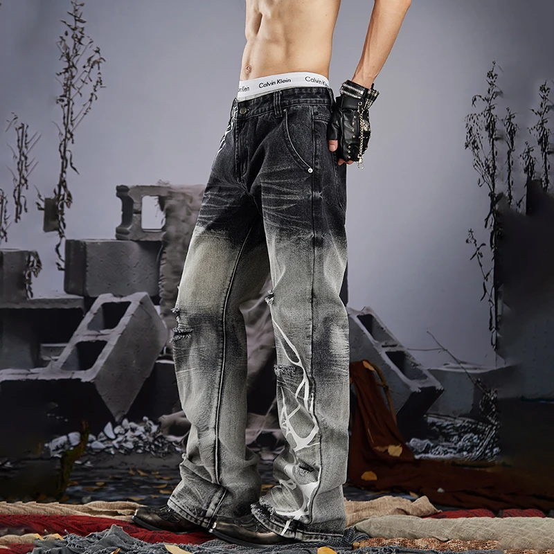 LUZHEN 2026 New Fashion Original Tie-dyed Wornout Design Straight Tube Jeans Men's Handsome Street Patched Denim Pants JY9499