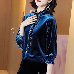 Plus Size Women Clothing Gold Velvet Shirt Tops Spring Autumn New Long Sleeve Contrast Patchwork Vintage Blouse Fashion Elegant