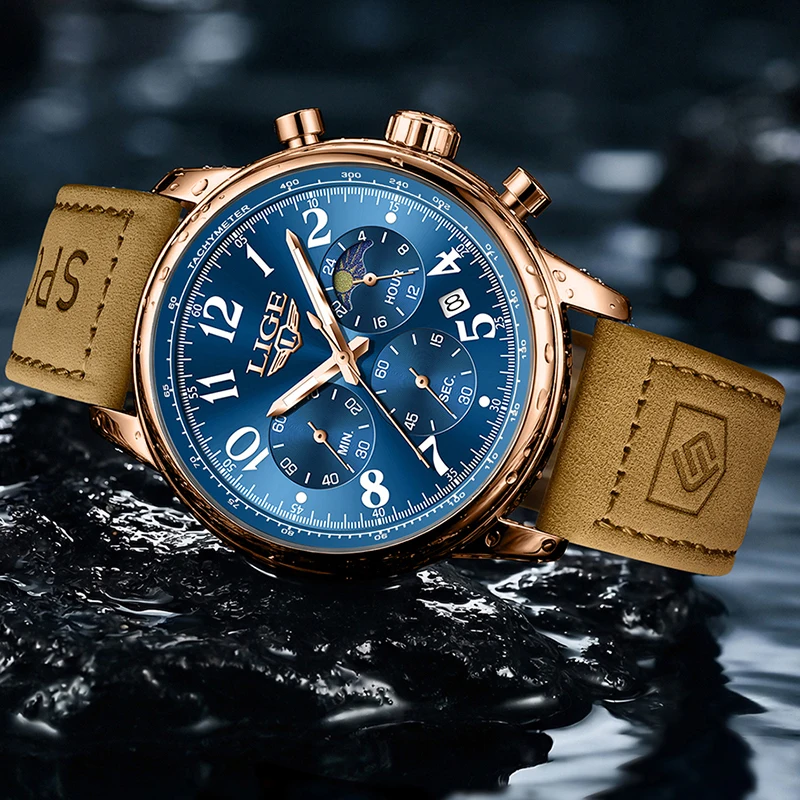 LIGE Fashion Men's Quartz Watch Casual Brown Leather Waterproof Watches for Men Military Sports Chronograph Relogios Masculino