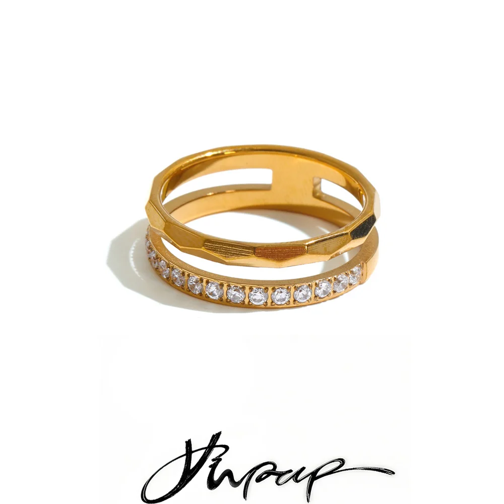Yhpup Size 6789 Stainless Steel Layered Zircon Fashion Ring for Women PVD Plated Popular Dainty Charm Jewelry