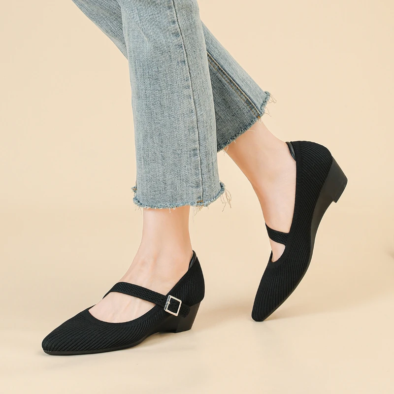 

Womens Pointed Toe Knit Princess Shoes Mary Jane One Strap Breathable Wedge Heel Soft Sole Casual Comfort Ladies Daily Shoes