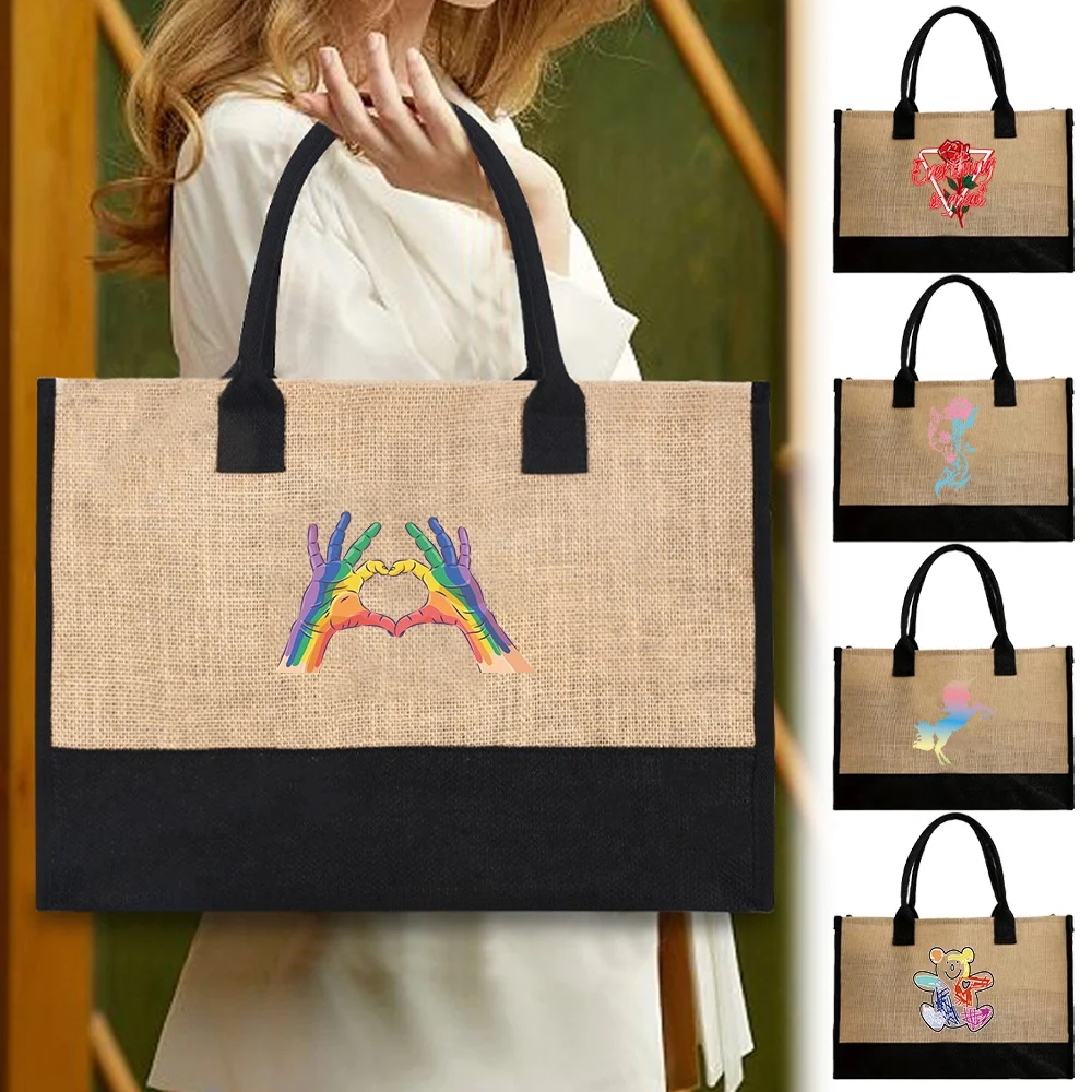 

Tote Bag Jute Handbag Portable Shoulder Shopping Casual Beach Bags Large Capacity Grocery Bags Printing Color Series